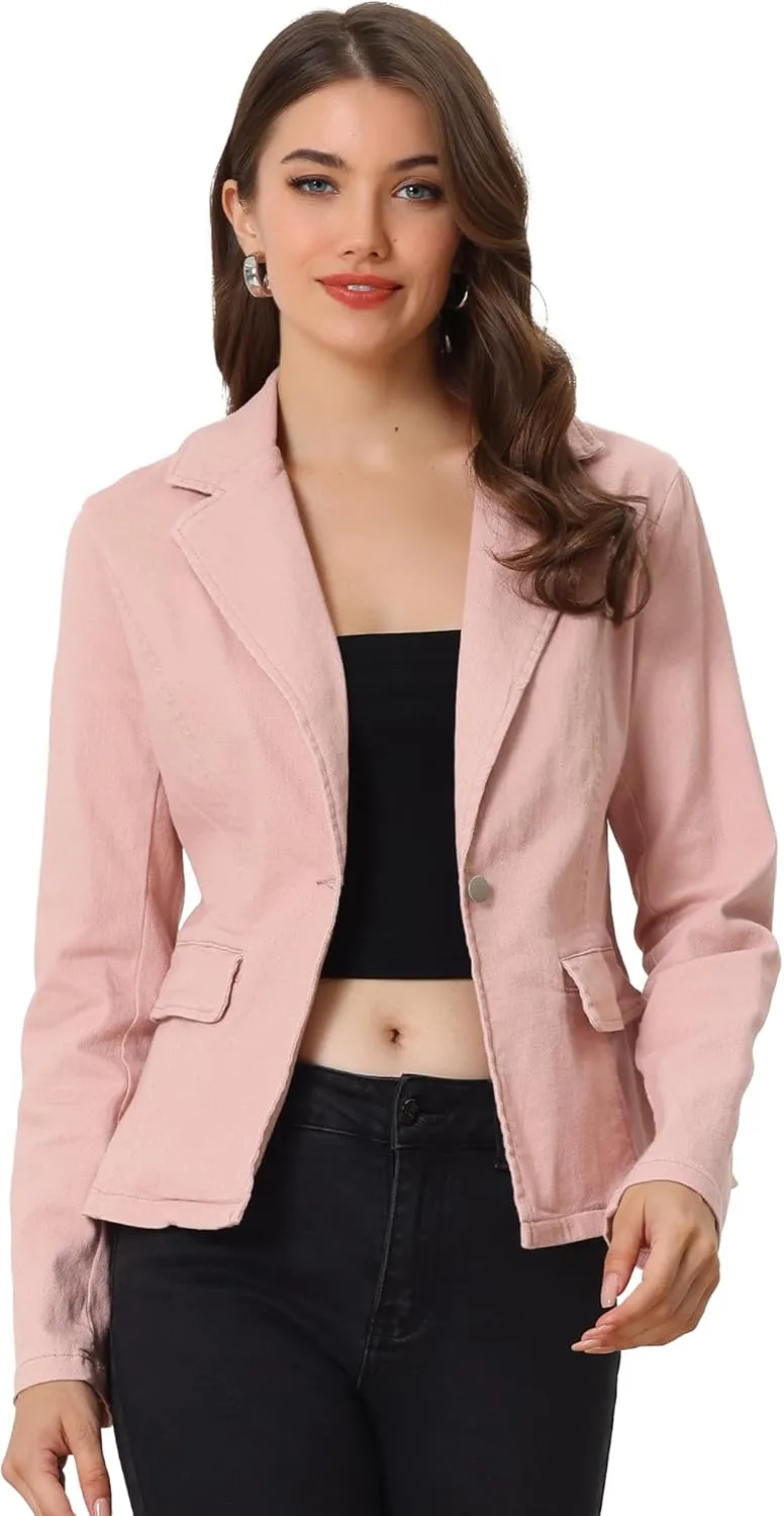 Allegra K Women's Notched Lapel One Button Long Sleeve Washed Business Denim Blazer