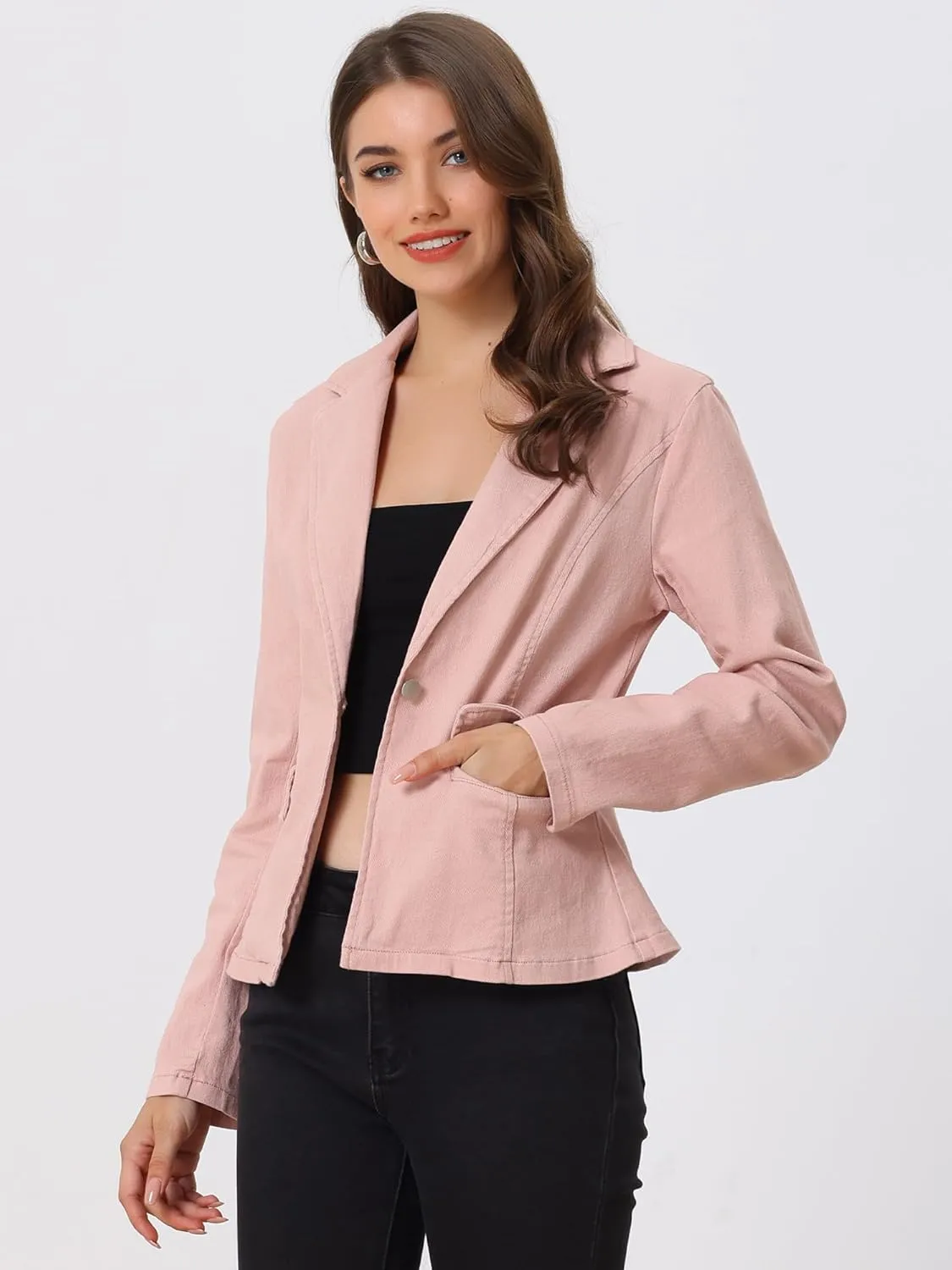 Allegra K Women's Notched Lapel One Button Long Sleeve Washed Business Denim Blazer