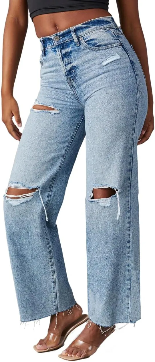 Allimy Women's High Waisted Straight Ankle Wide Leg Ripped Jeans Frayed Hem Stretchy Capri Denim Pants