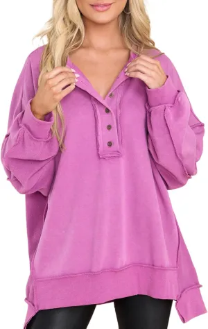 AlvaQ Women's Oversized Sweatshirt Casual Long Sleeve Button Henley Neck Pullover Tunic Tops Outfits