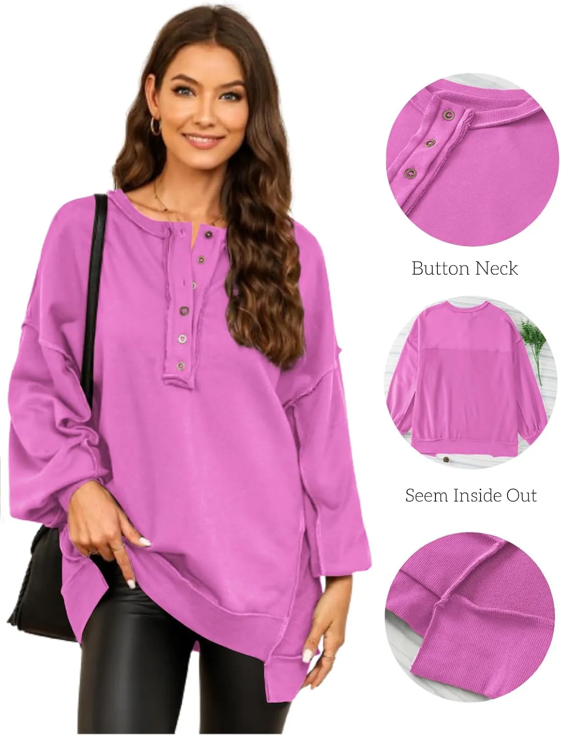 AlvaQ Women's Oversized Sweatshirt Casual Long Sleeve Button Henley Neck Pullover Tunic Tops Outfits