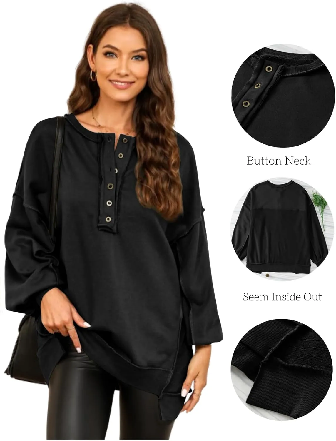 AlvaQ Women's Oversized Sweatshirt Casual Long Sleeve Button Henley Neck Pullover Tunic Tops Outfits