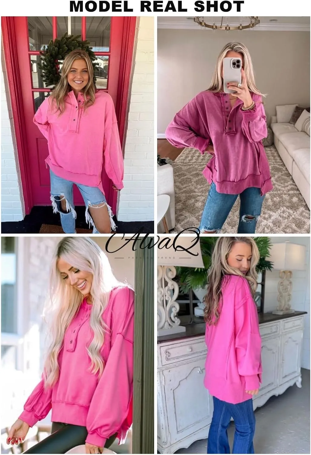 AlvaQ Women's Oversized Sweatshirt Casual Long Sleeve Button Henley Neck Pullover Tunic Tops Outfits