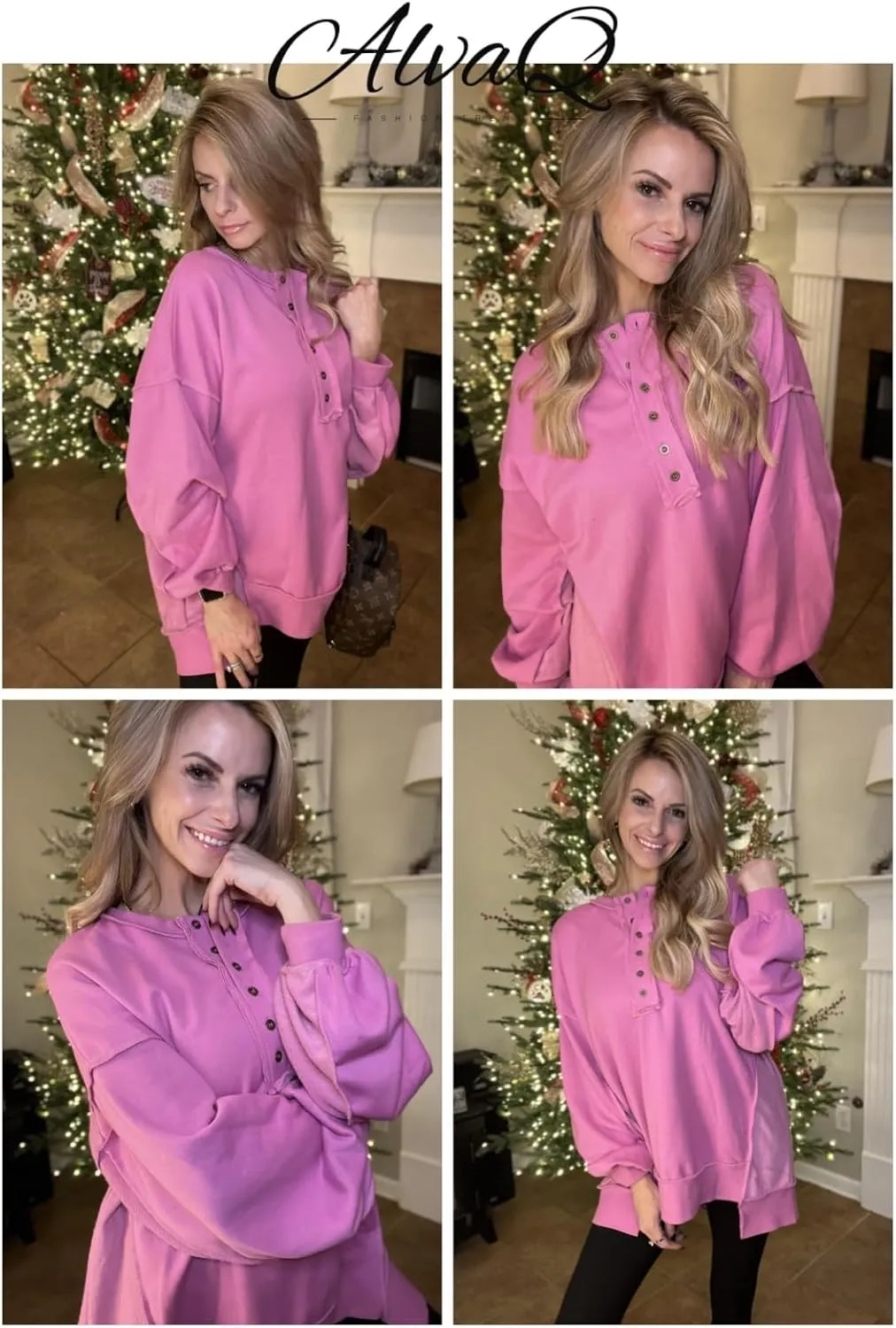 AlvaQ Women's Oversized Sweatshirt Casual Long Sleeve Button Henley Neck Pullover Tunic Tops Outfits