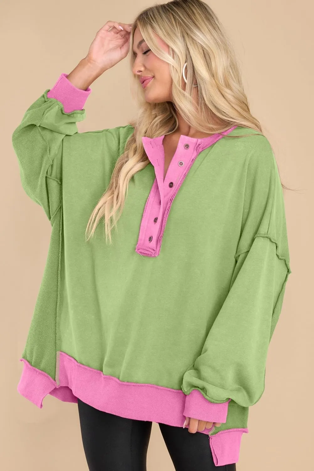 AlvaQ Women's Oversized Sweatshirt Casual Long Sleeve Button Henley Neck Pullover Tunic Tops Outfits