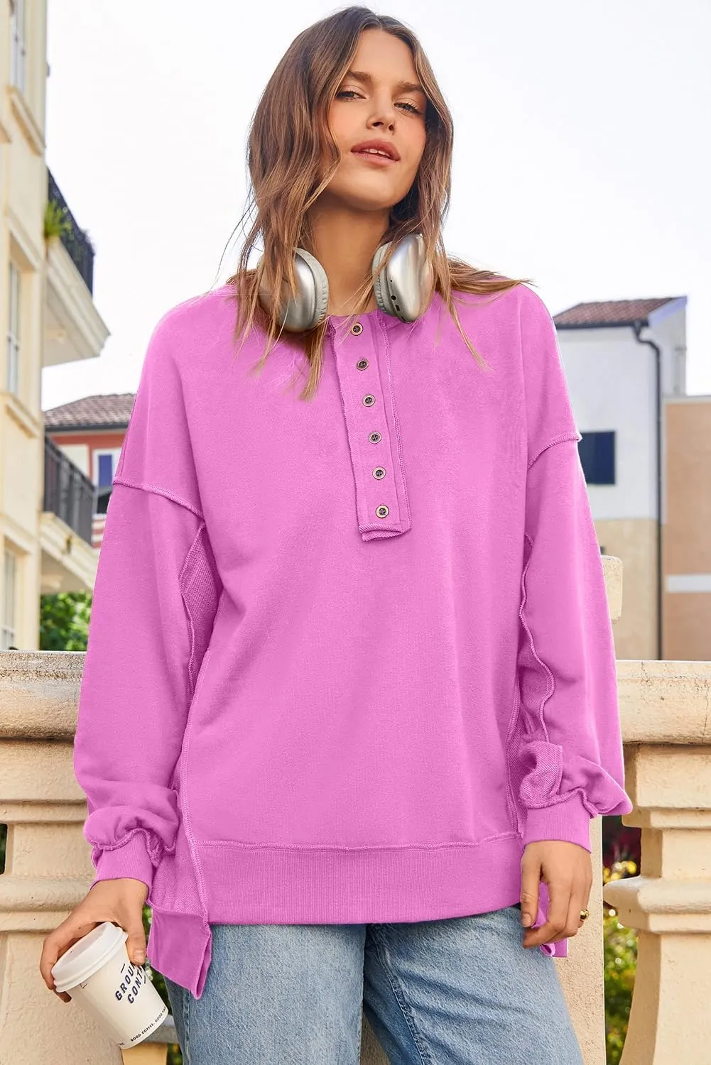 AlvaQ Women's Oversized Sweatshirt Casual Long Sleeve Button Henley Neck Pullover Tunic Tops Outfits