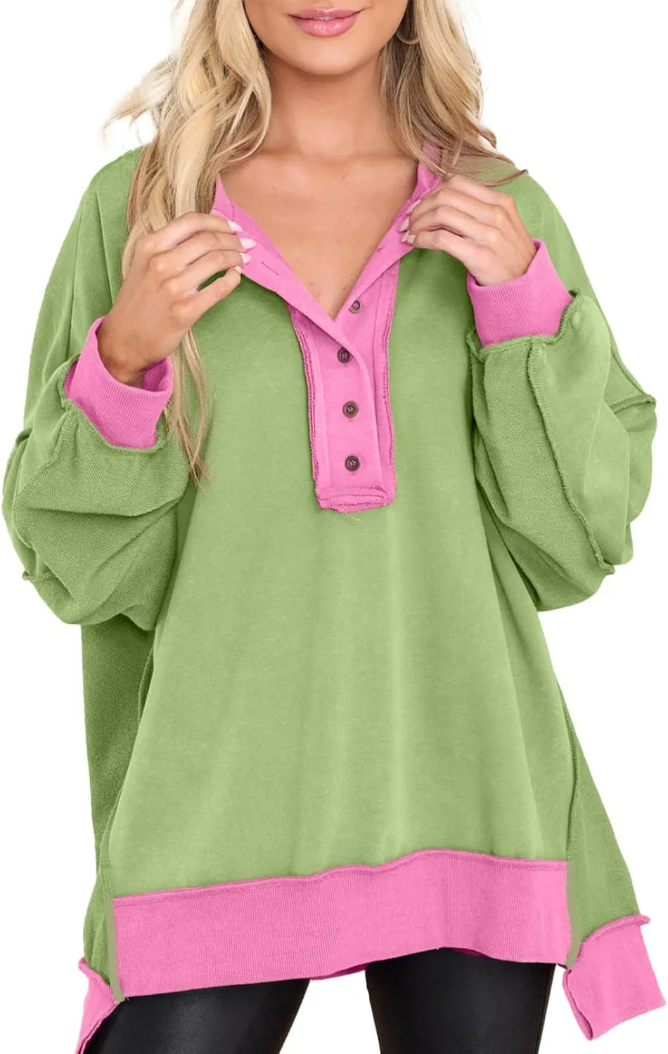 AlvaQ Women's Oversized Sweatshirt Casual Long Sleeve Button Henley Neck Pullover Tunic Tops Outfits