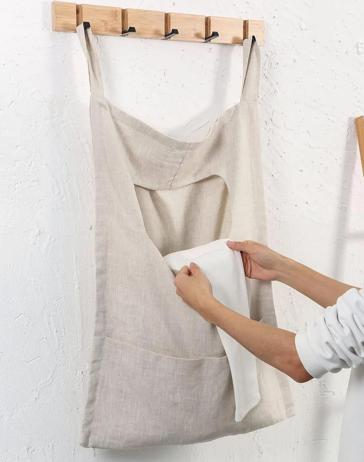 Amazhiyu Pure Linen Over The Door Laundry Hanging Hamper Bag with Bottom Zipper and Pockets Flax