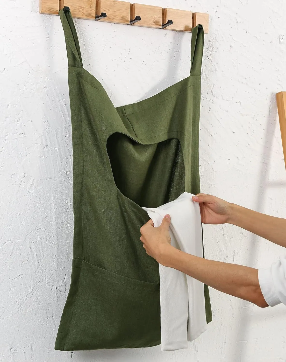 Amazhiyu Pure Linen Over The Door Laundry Hanging Hamper Bag with Bottom Zipper and Pockets Green