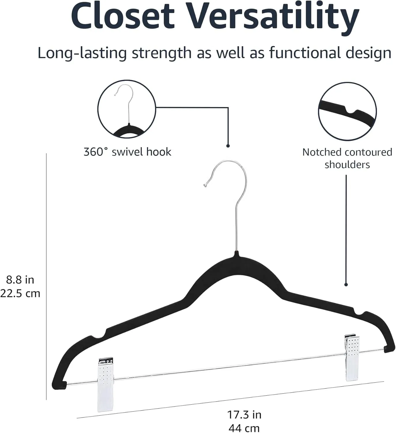 Amazon Basics Velvet, Non-Slip Skirt Clothes Hangers with Clips, Organize Pants and Skirts, Black/Silver, Pack of 50