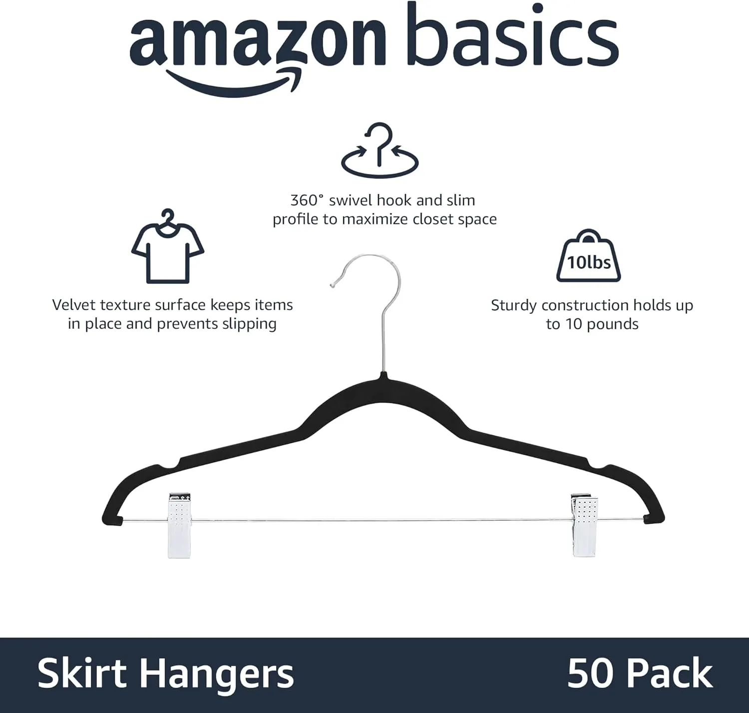 Amazon Basics Velvet, Non-Slip Skirt Clothes Hangers with Clips, Organize Pants and Skirts, Black/Silver, Pack of 50