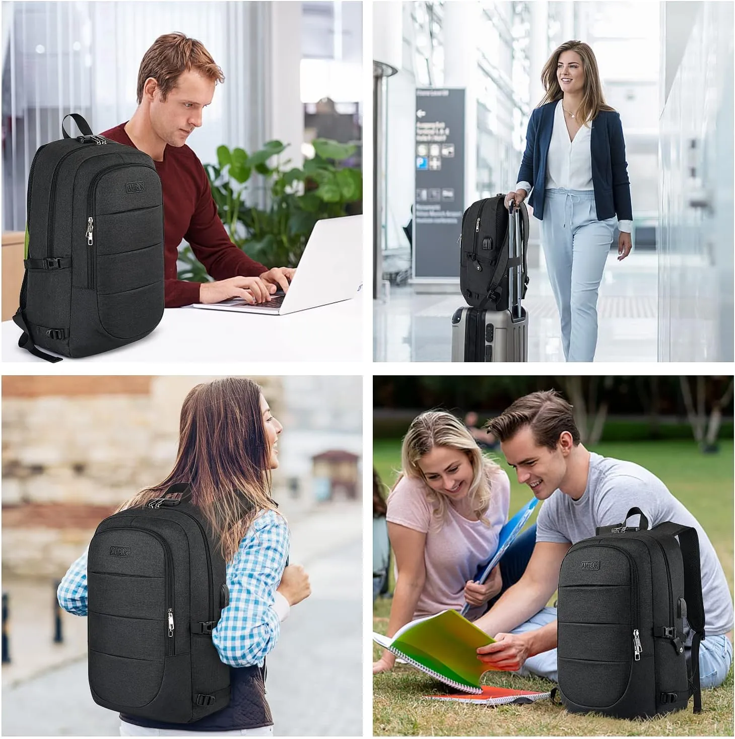 AMBOR Travel Laptop Backpack for Ｍen, 15.6-17.3 inch Laptop Backpack for School, Anti Theft Business Work Backpack with USB Charging Port, Water Resistant College Computer Bag for Men & Women, Black