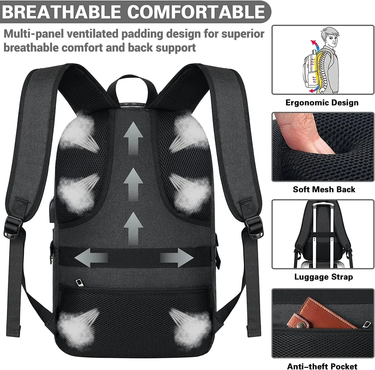 AMBOR Travel Laptop Backpack for Ｍen, 15.6-17.3 inch Laptop Backpack for School, Anti Theft Business Work Backpack with USB Charging Port, Water Resistant College Computer Bag for Men & Women, Black