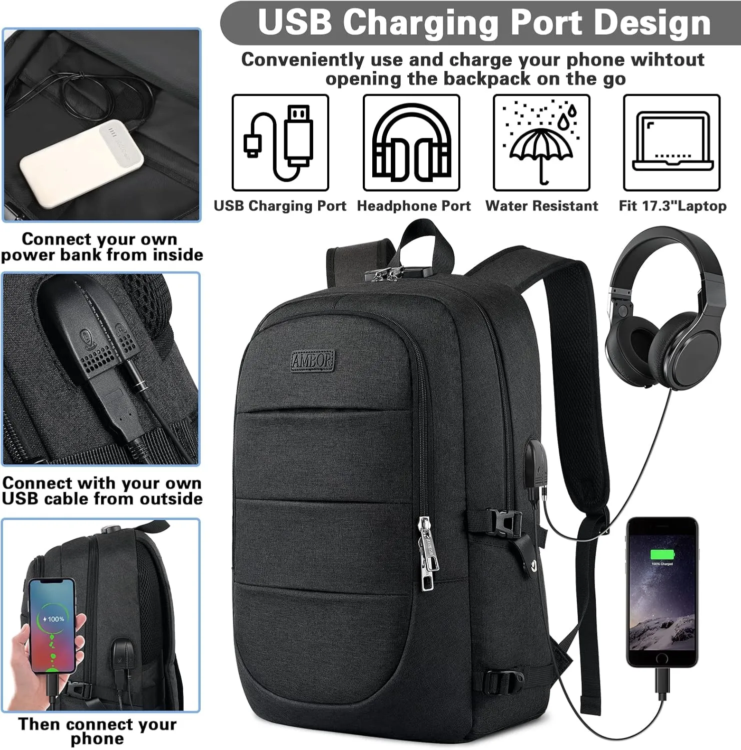 AMBOR Travel Laptop Backpack for Ｍen, 15.6-17.3 inch Laptop Backpack for School, Anti Theft Business Work Backpack with USB Charging Port, Water Resistant College Computer Bag for Men & Women, Black