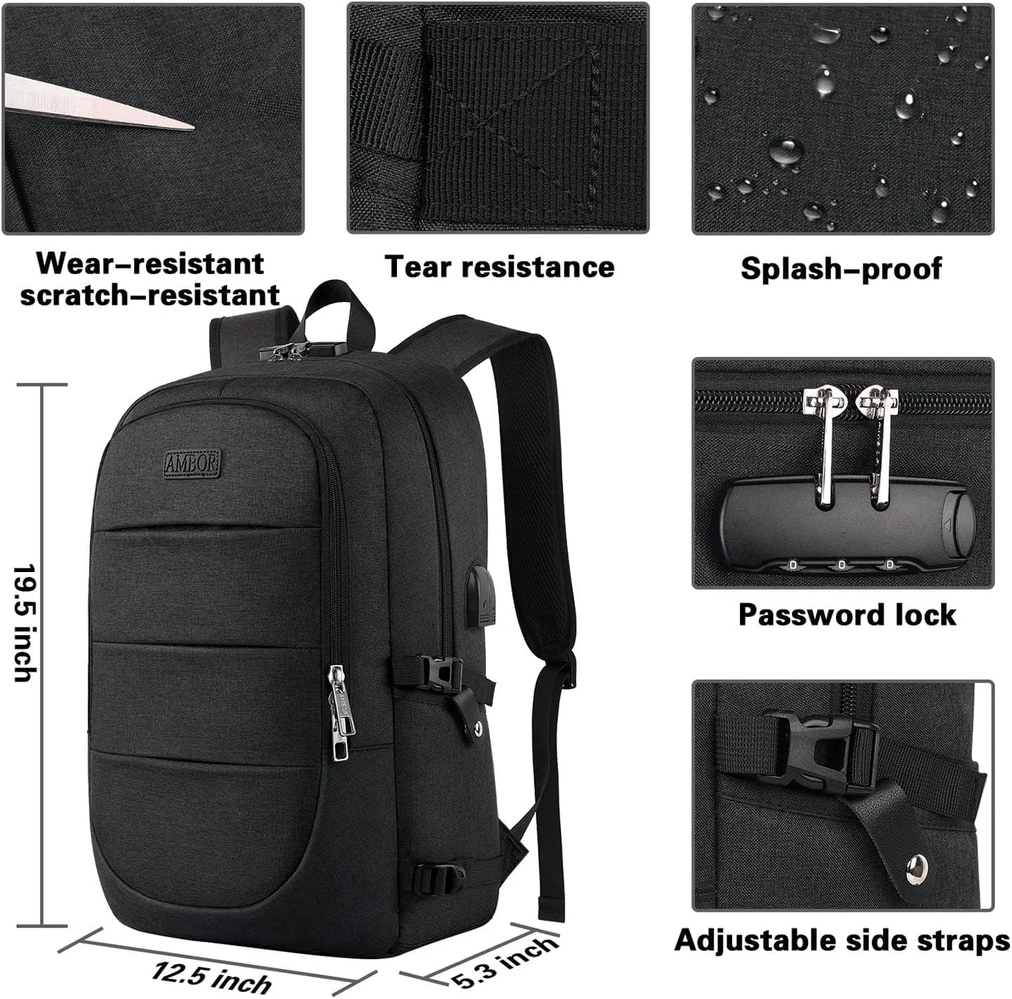 AMBOR Travel Laptop Backpack for Ｍen, 15.6-17.3 inch Laptop Backpack for School, Anti Theft Business Work Backpack with USB Charging Port, Water Resistant College Computer Bag for Men & Women, Black