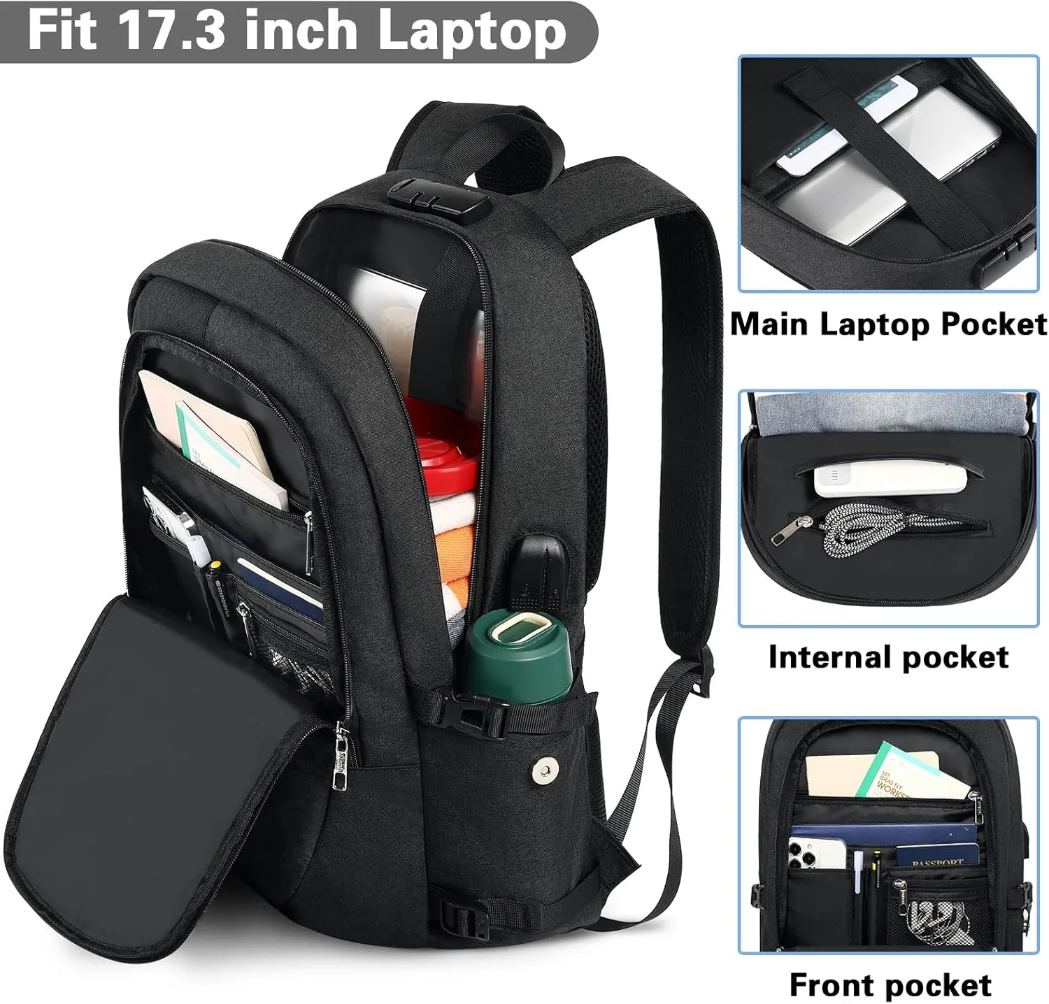 AMBOR Travel Laptop Backpack for Ｍen, 15.6-17.3 inch Laptop Backpack for School, Anti Theft Business Work Backpack with USB Charging Port, Water Resistant College Computer Bag for Men & Women, Black