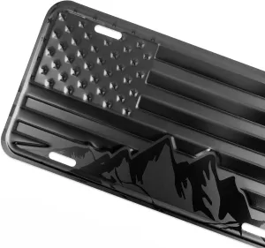 American Flag with Mountains License Plate. Embossed 3D Aluminum (Black on Matt Black)