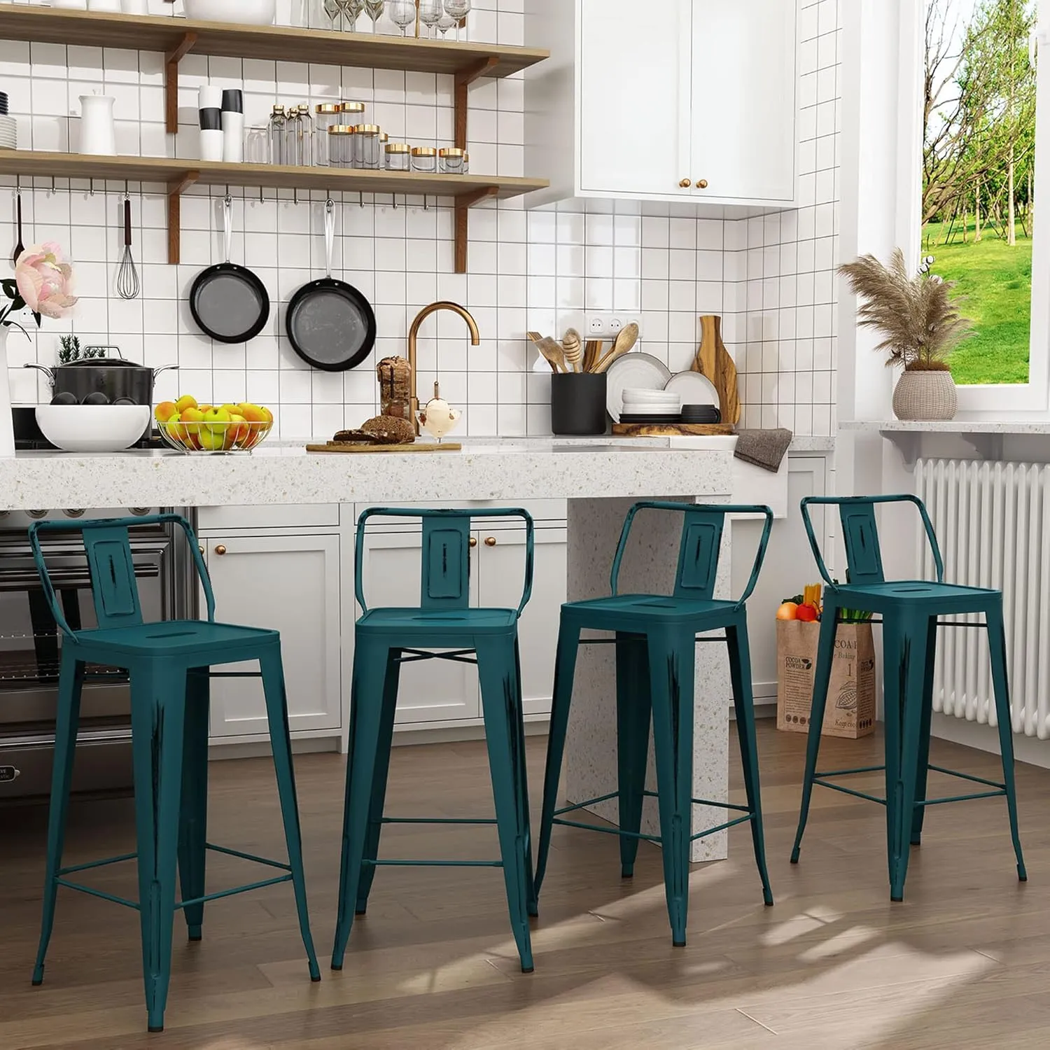 ANDEWORLD Distressed Bar Stools Set of 4 Industrial Counter Stools Metal Barstools for Indoor-Outdoor (26 Inch, Distressed Teal).