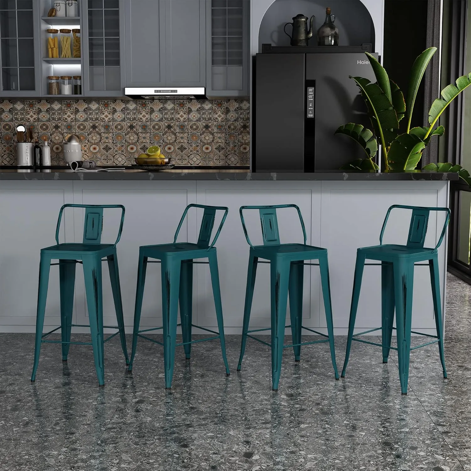 ANDEWORLD Distressed Bar Stools Set of 4 Industrial Counter Stools Metal Barstools for Indoor-Outdoor (26 Inch, Distressed Teal).