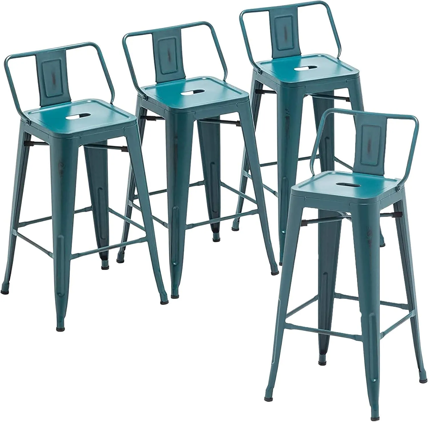 ANDEWORLD Distressed Bar Stools Set of 4 Industrial Counter Stools Metal Barstools for Indoor-Outdoor (26 Inch, Distressed Teal).