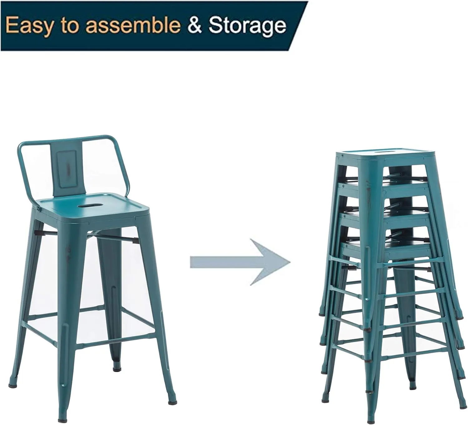 ANDEWORLD Distressed Bar Stools Set of 4 Industrial Counter Stools Metal Barstools for Indoor-Outdoor (26 Inch, Distressed Teal).