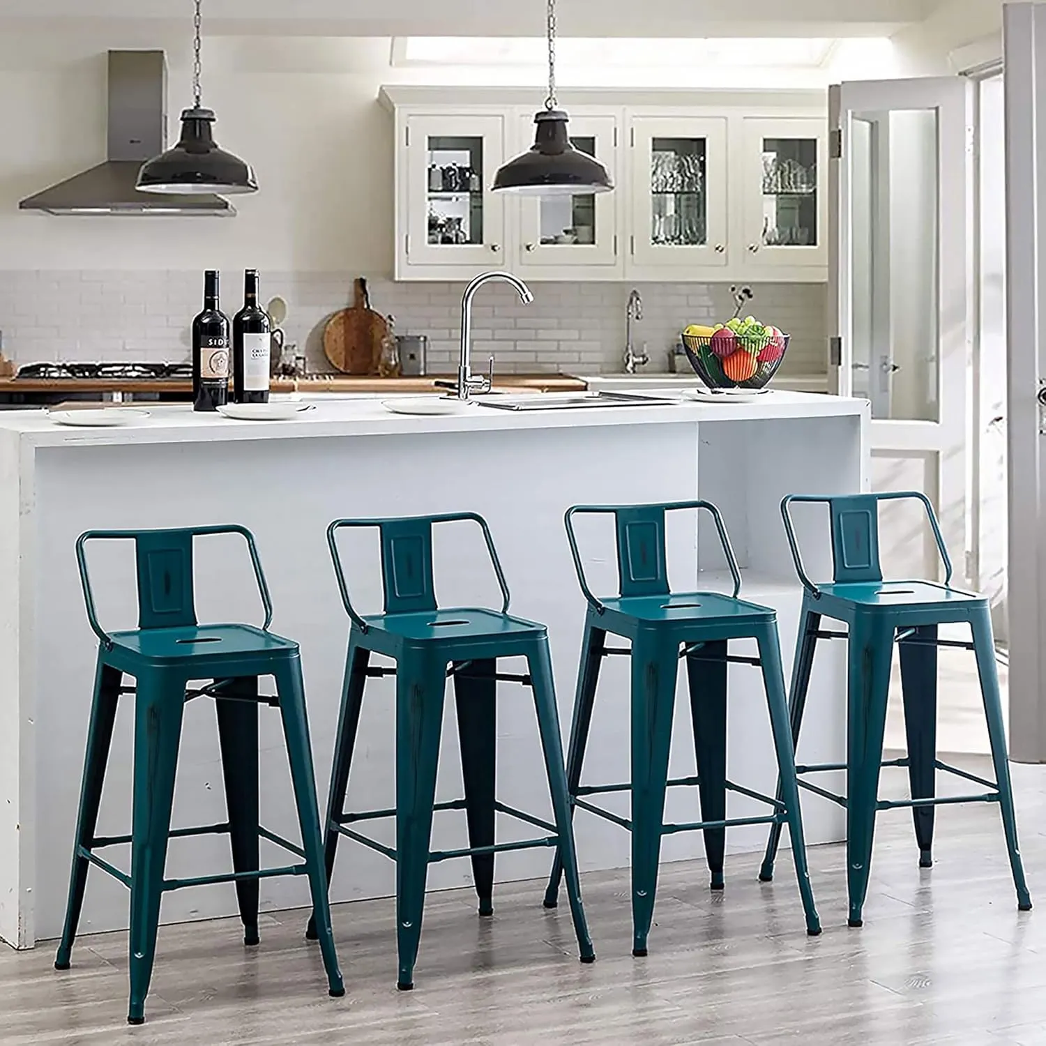 ANDEWORLD Distressed Bar Stools Set of 4 Industrial Counter Stools Metal Barstools for Indoor-Outdoor (26 Inch, Distressed Teal).