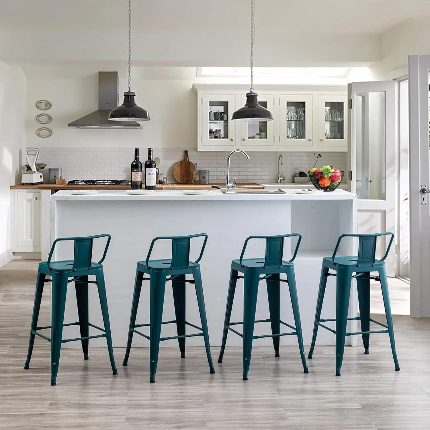 ANDEWORLD Distressed Bar Stools Set of 4 Industrial Counter Stools Metal Barstools for Indoor-Outdoor (26 Inch, Distressed Teal).