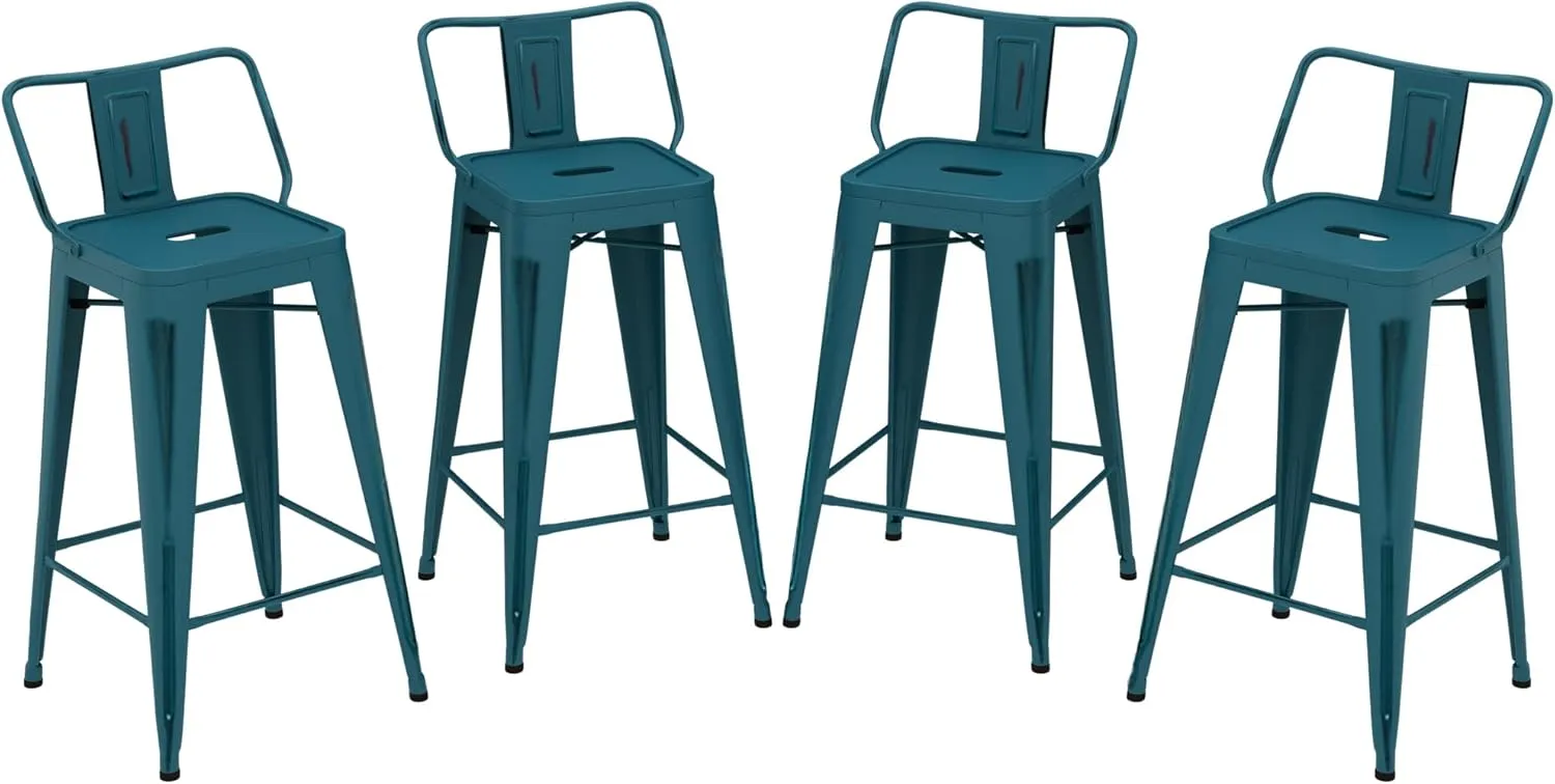 ANDEWORLD Distressed Bar Stools Set of 4 Industrial Counter Stools Metal Barstools for Indoor-Outdoor (26 Inch, Distressed Teal).