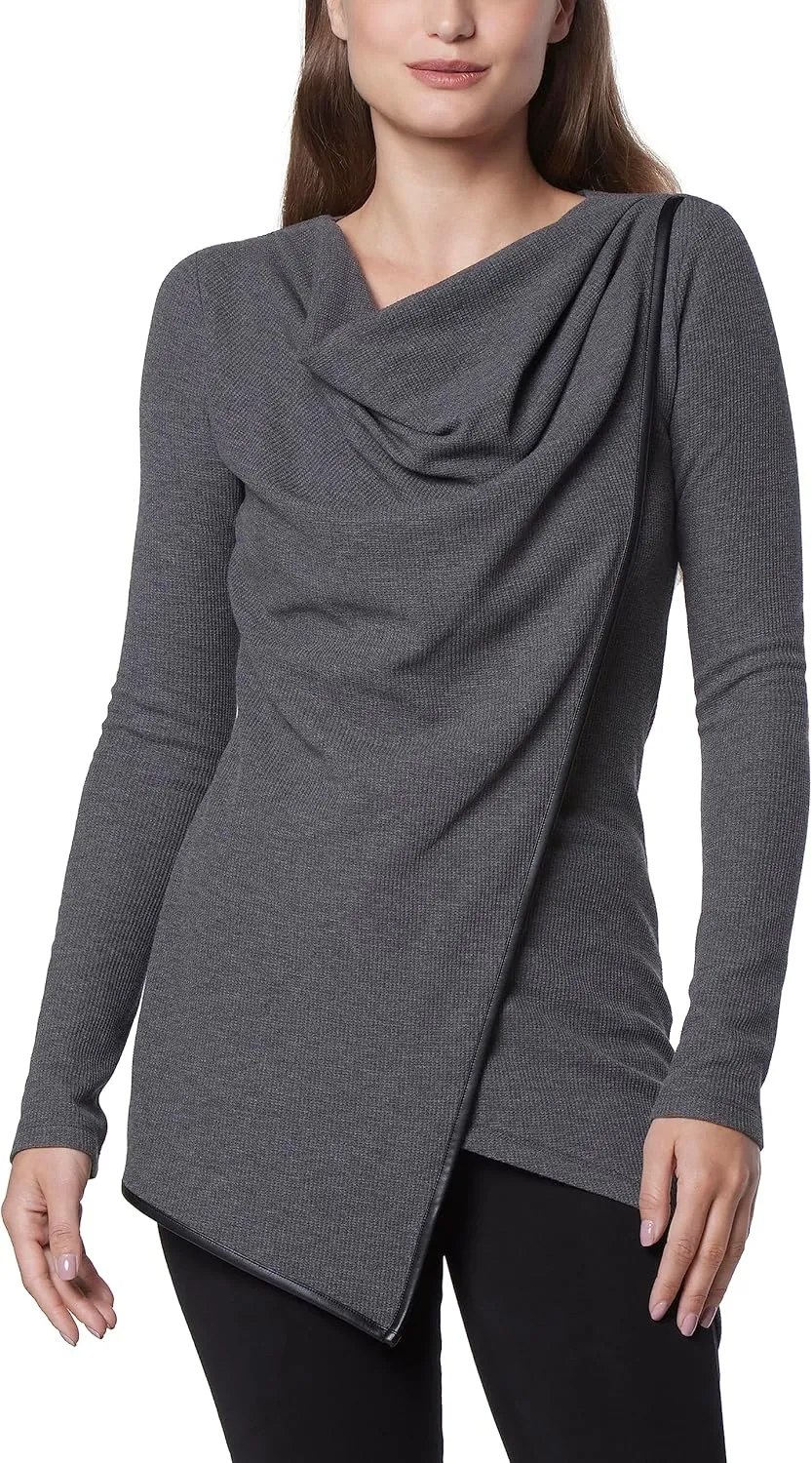 Andrew Marc Women's Long Sleeve Asymmetrical Thermal Tunic with Faux Leather Trim