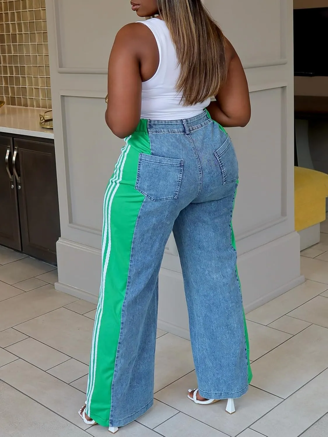 Angsuttc Womens Jeans with Patchwork Stripes High Waisted Stretchy Denim Color Block Straight Wide Leg Trendy Jean