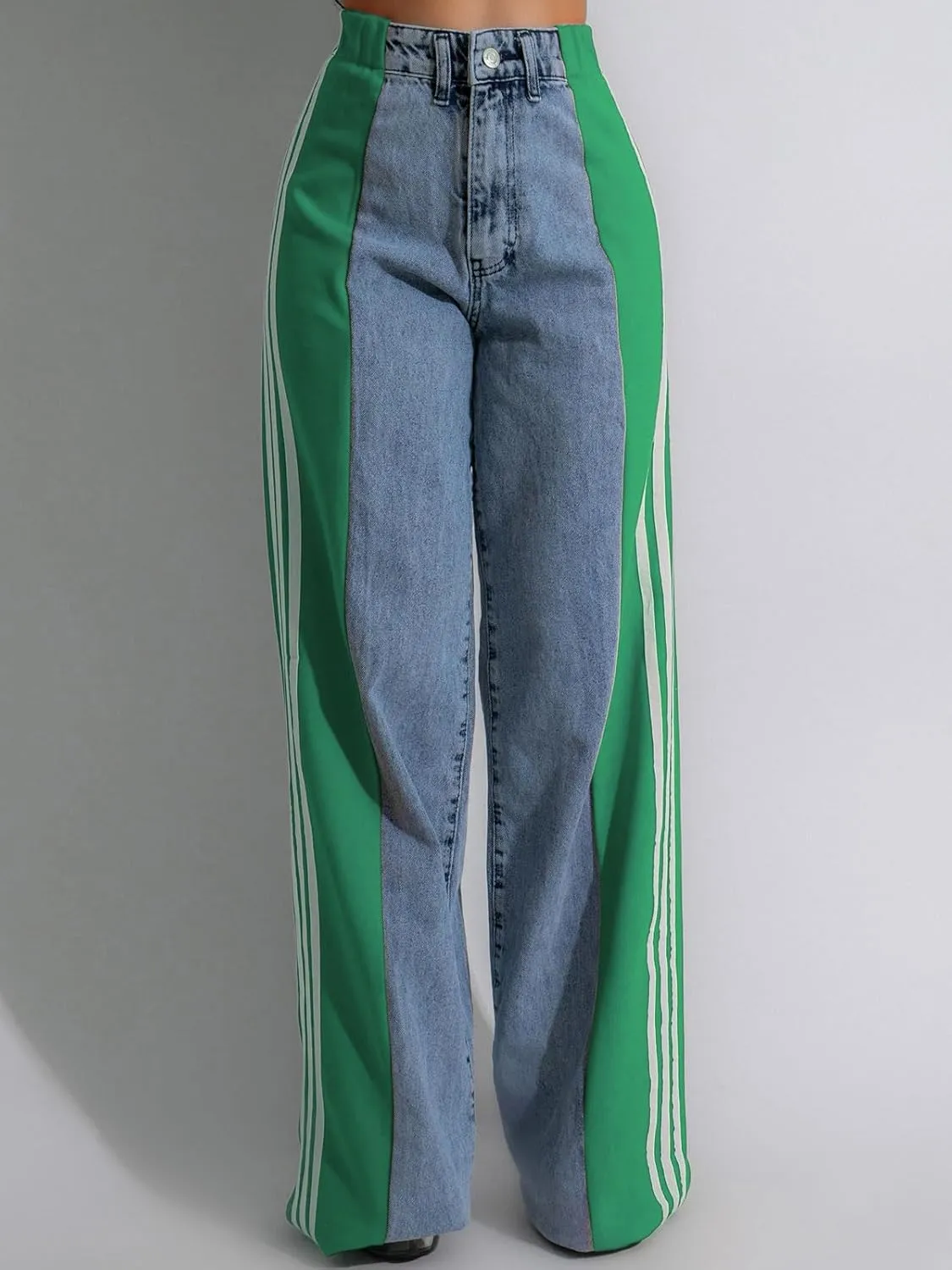 Angsuttc Womens Jeans with Patchwork Stripes High Waisted Stretchy Denim Color Block Straight Wide Leg Trendy Jean