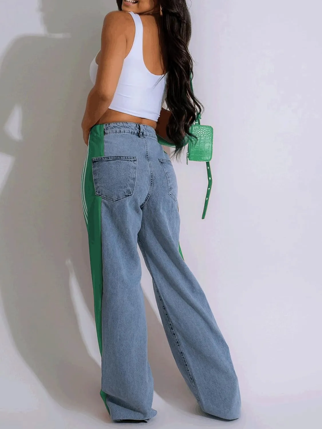 Angsuttc Womens Jeans with Patchwork Stripes High Waisted Stretchy Denim Color Block Straight Wide Leg Trendy Jean