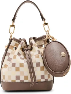 Anne Klein Womens Graphic Tile Lion Logo Small Bucket with Convertible Strap, Mink