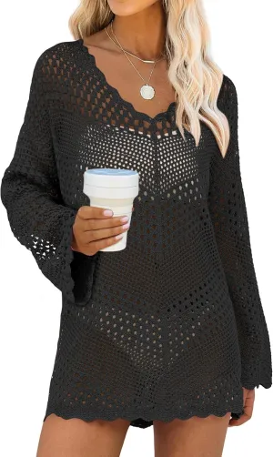 ANRABESS Women Swimsuit Crochet Swim Cover Up Summer Bathing Suit Swimwear V Neck Mesh Knit Beach Dress 2025 Vacation Outfits