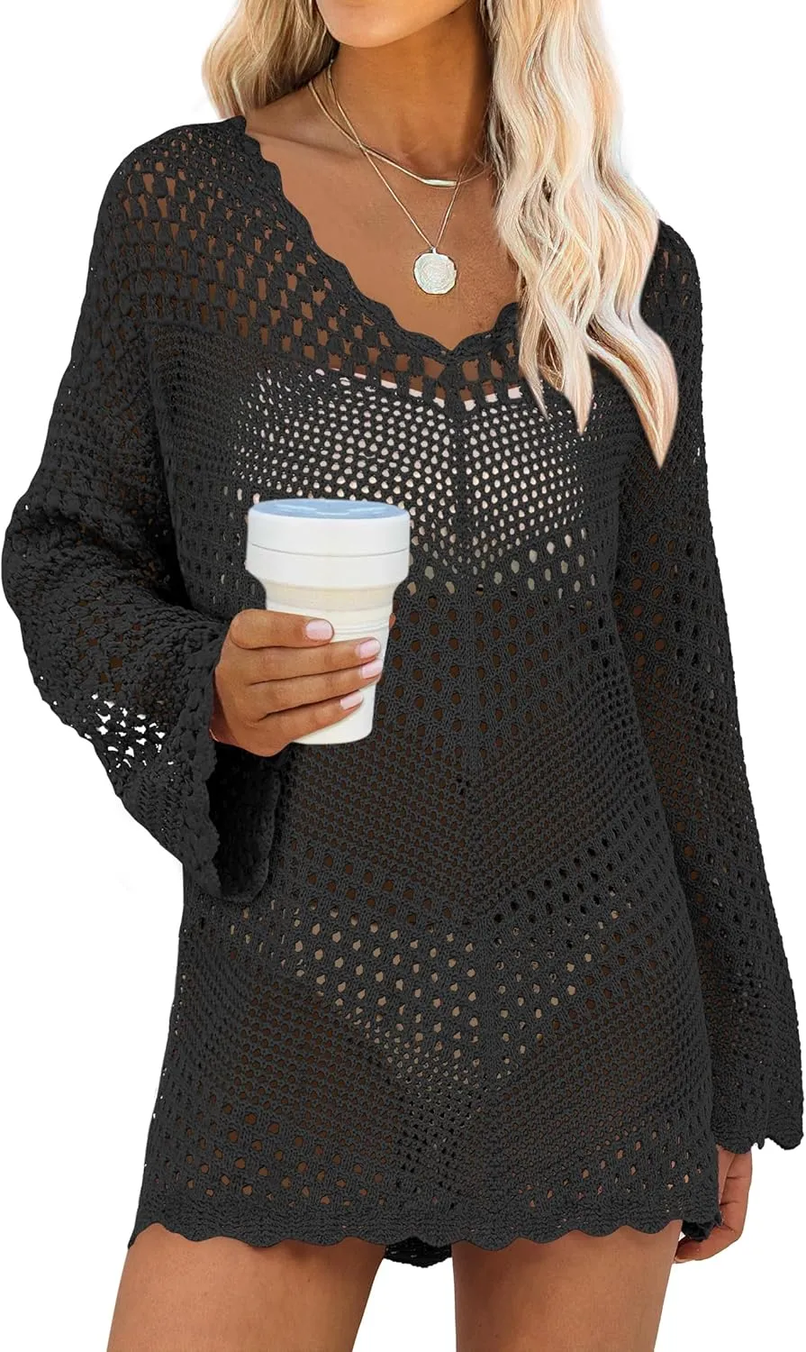 ANRABESS Women Swimsuit Crochet Swim Cover Up Summer Bathing Suit Swimwear V Neck Mesh Knit Beach Dress 2025 Vacation Outfits