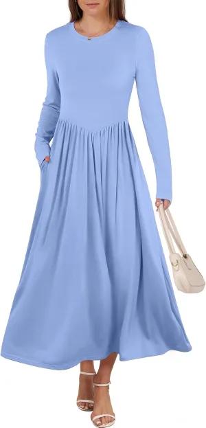 ANRABESS Women's Long Sleeve Maxi Dress Crew Neck Casual Slim Trendy Pleated Long Dresses with Pockets 2025 Spring Outfits