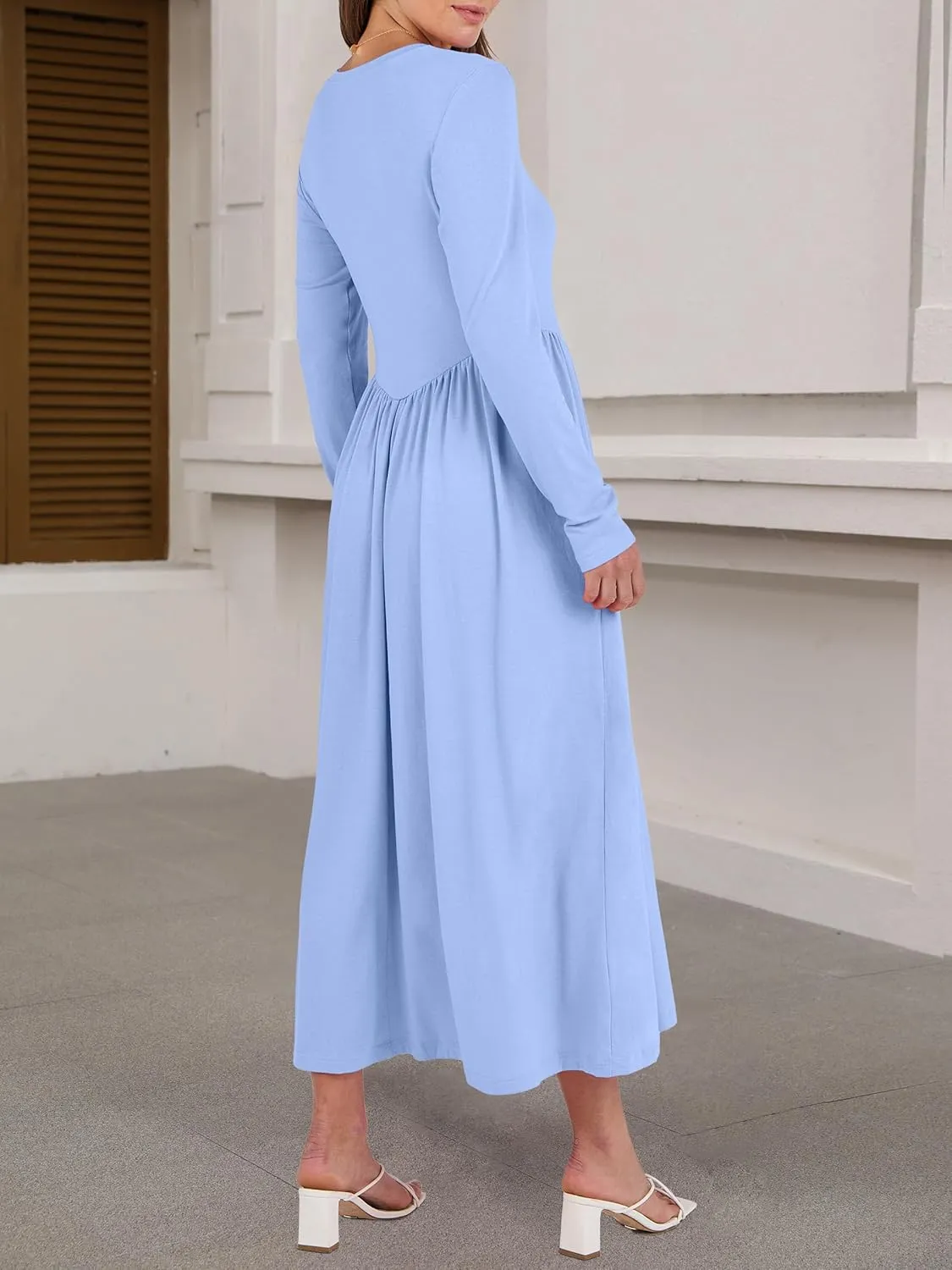 ANRABESS Women's Long Sleeve Maxi Dress Crew Neck Casual Slim Trendy Pleated Long Dresses with Pockets 2025 Spring Outfits