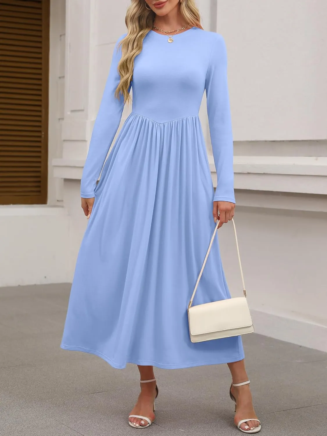 ANRABESS Women's Long Sleeve Maxi Dress Crew Neck Casual Slim Trendy Pleated Long Dresses with Pockets 2025 Spring Outfits