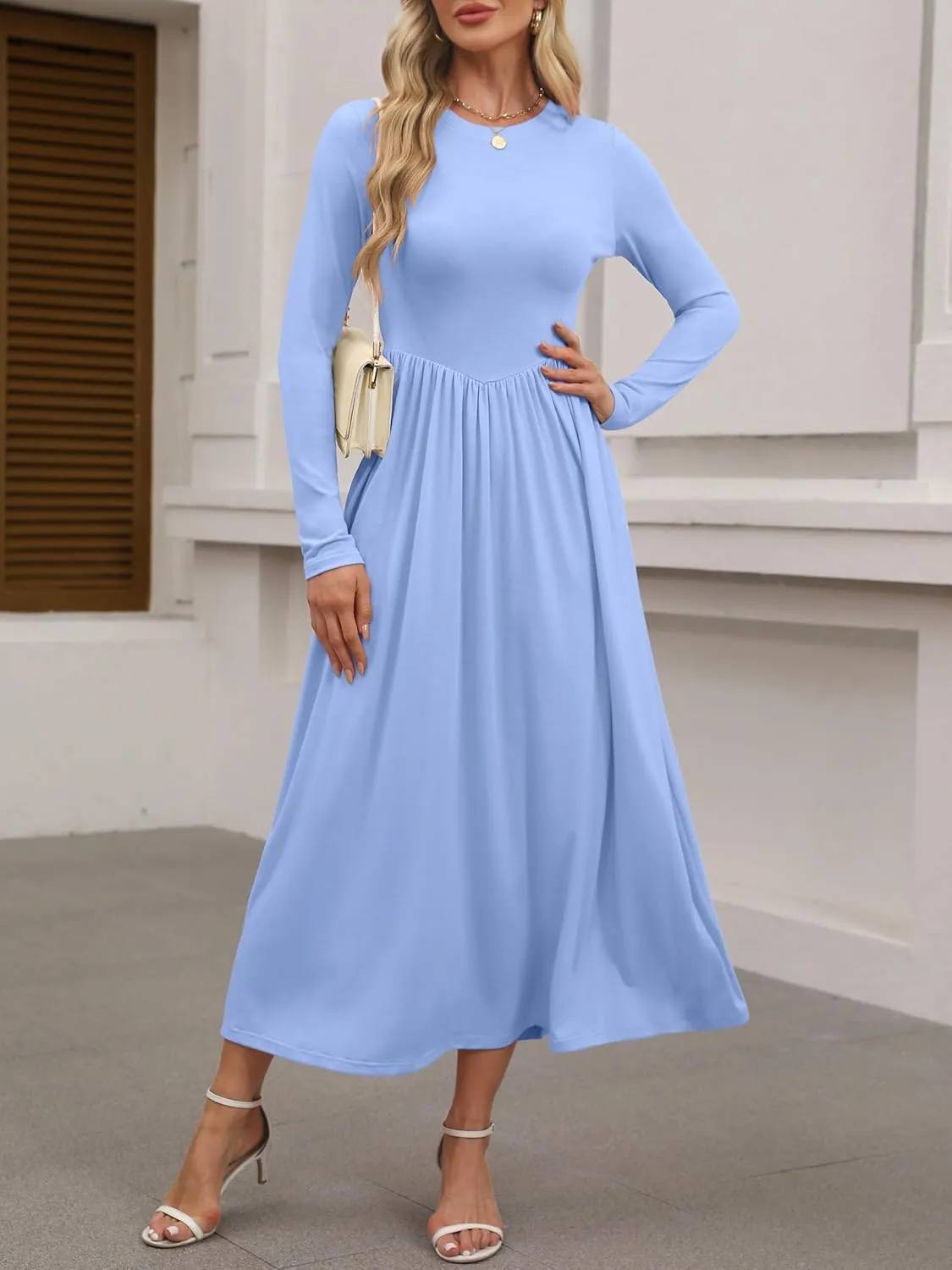 ANRABESS Women's Long Sleeve Maxi Dress Crew Neck Casual Slim Trendy Pleated Long Dresses with Pockets 2025 Spring Outfits