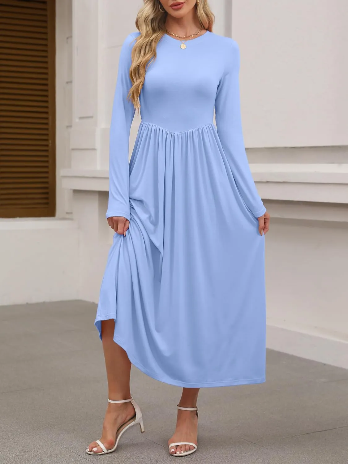 ANRABESS Women's Long Sleeve Maxi Dress Crew Neck Casual Slim Trendy Pleated Long Dresses with Pockets 2025 Spring Outfits