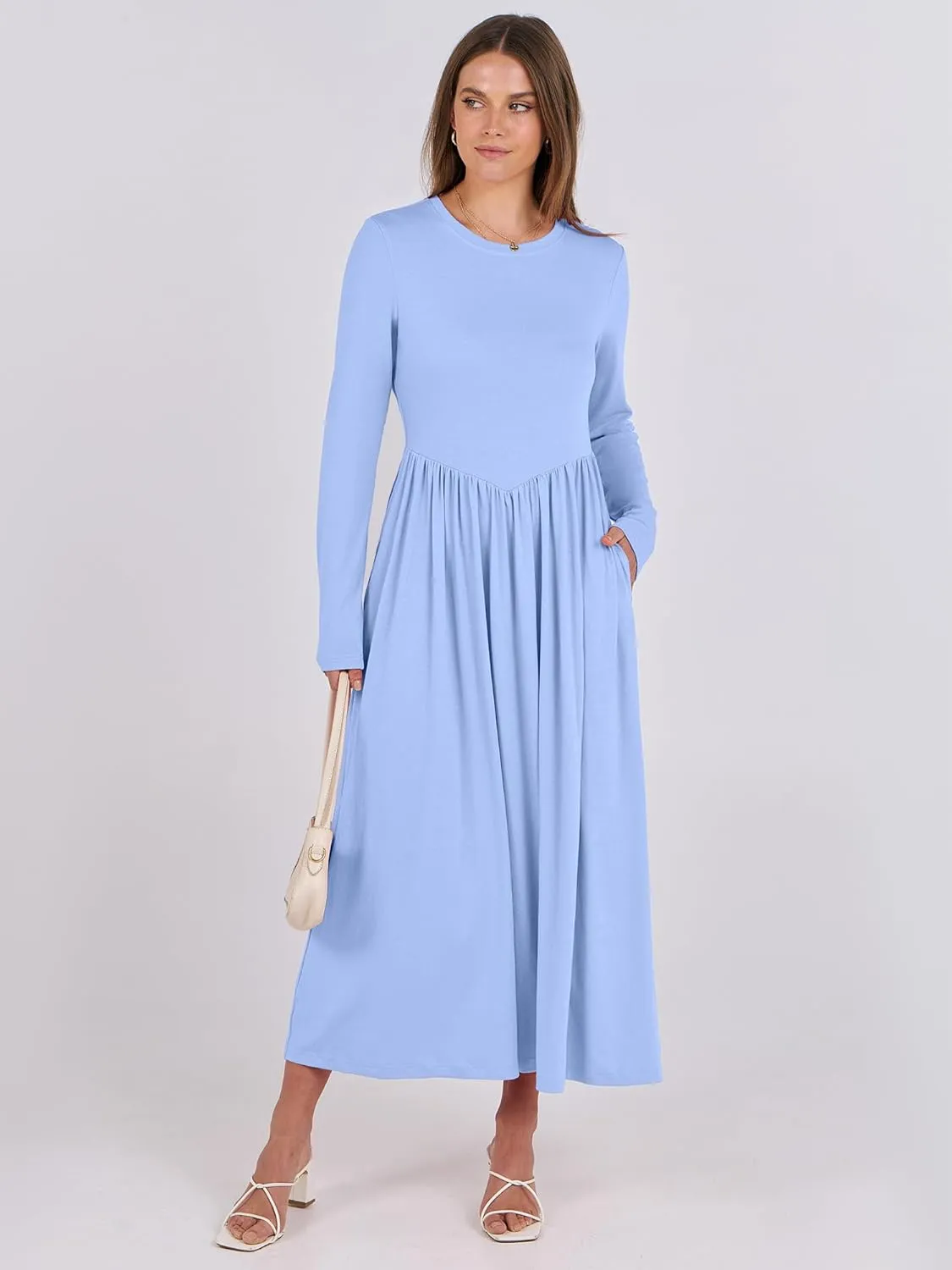 ANRABESS Women's Long Sleeve Maxi Dress Crew Neck Casual Slim Trendy Pleated Long Dresses with Pockets 2025 Spring Outfits