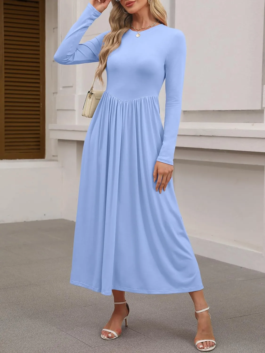 ANRABESS Women's Long Sleeve Maxi Dress Crew Neck Casual Slim Trendy Pleated Long Dresses with Pockets 2025 Spring Outfits