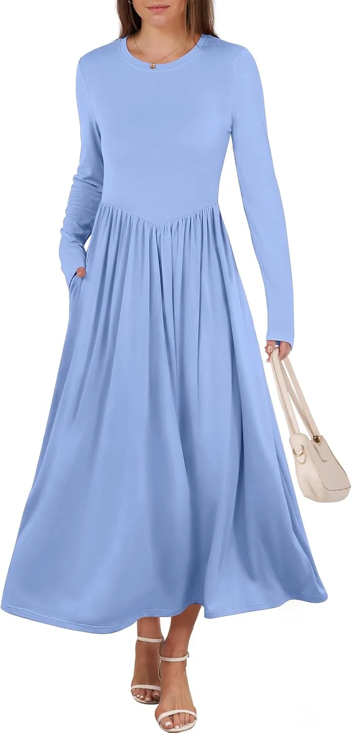 ANRABESS Women's Long Sleeve Maxi Dress Crew Neck Casual Slim Trendy Pleated Long Dresses with Pockets 2025 Spring Outfits