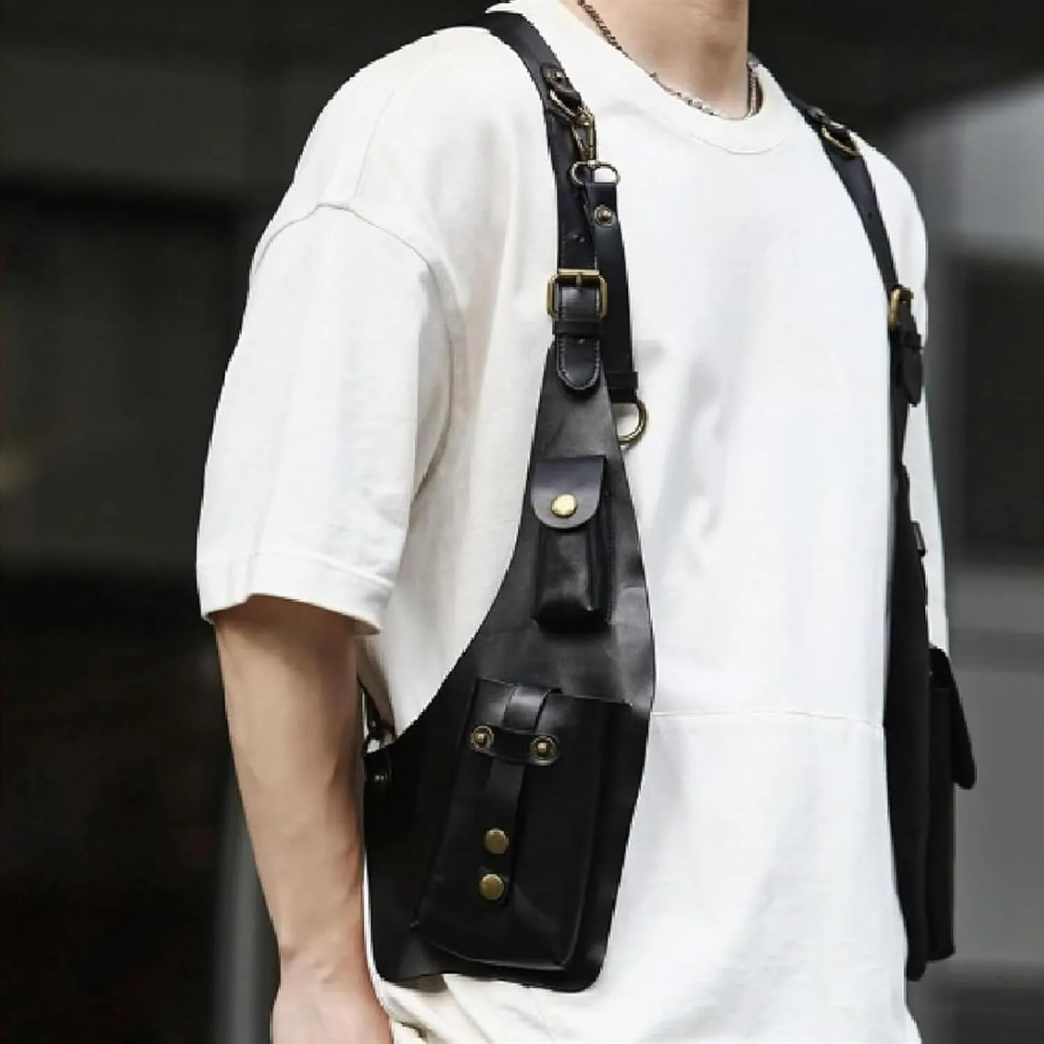 Anti-Theft Bag with Shoulder Harness, Anti-Theft Harness Wallet for Mens, Adjustable PU Leather Strap Wallet(Light Brown)