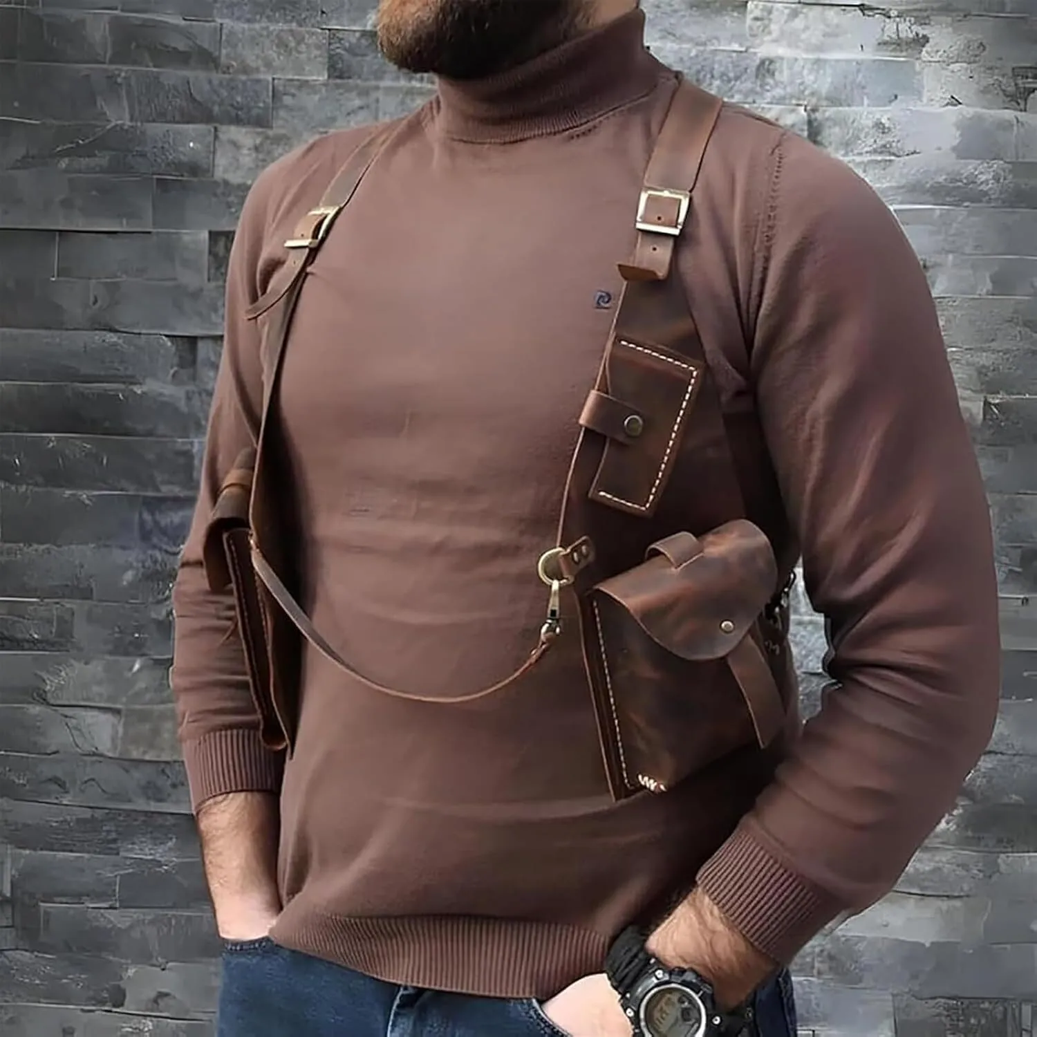Anti-Theft Bag with Shoulder Harness, Anti-Theft Harness Wallet for Mens, Adjustable PU Leather Strap Wallet(Light Brown)