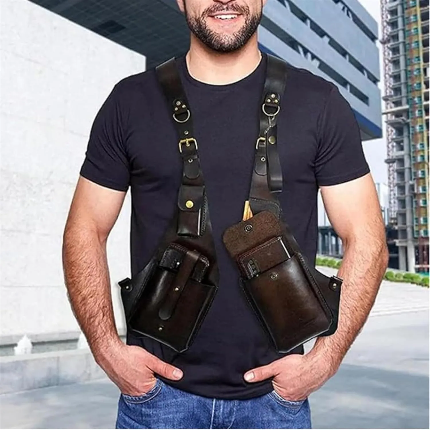 Anti-Theft Bag with Shoulder Harness, Anti-Theft Harness Wallet for Mens, Adjustable PU Leather Strap Wallet(Light Brown)