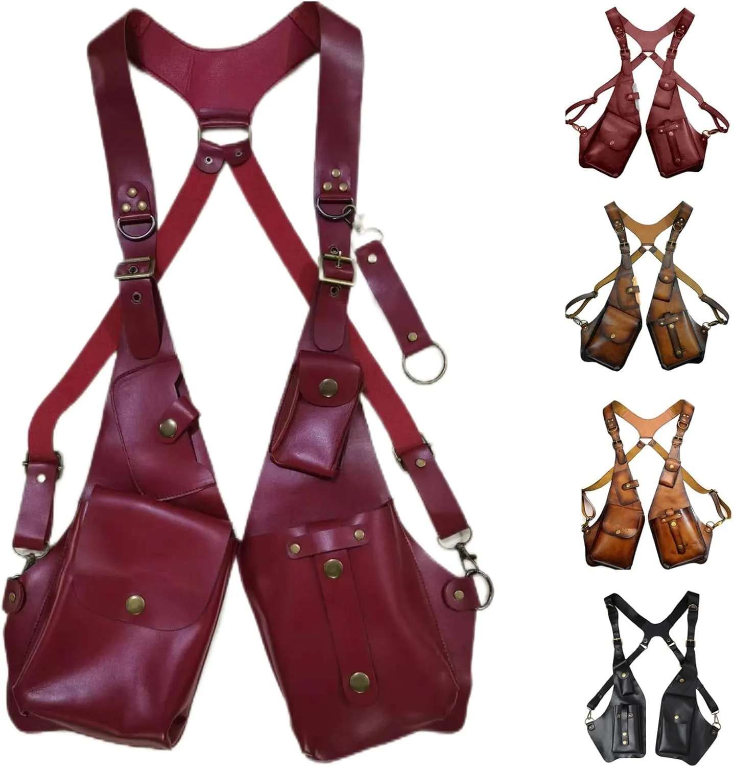 Anti-Theft Bag with Shoulder Harness, Mens Leather Harness,Steampunk Vintage Shoulder Bag (Red)