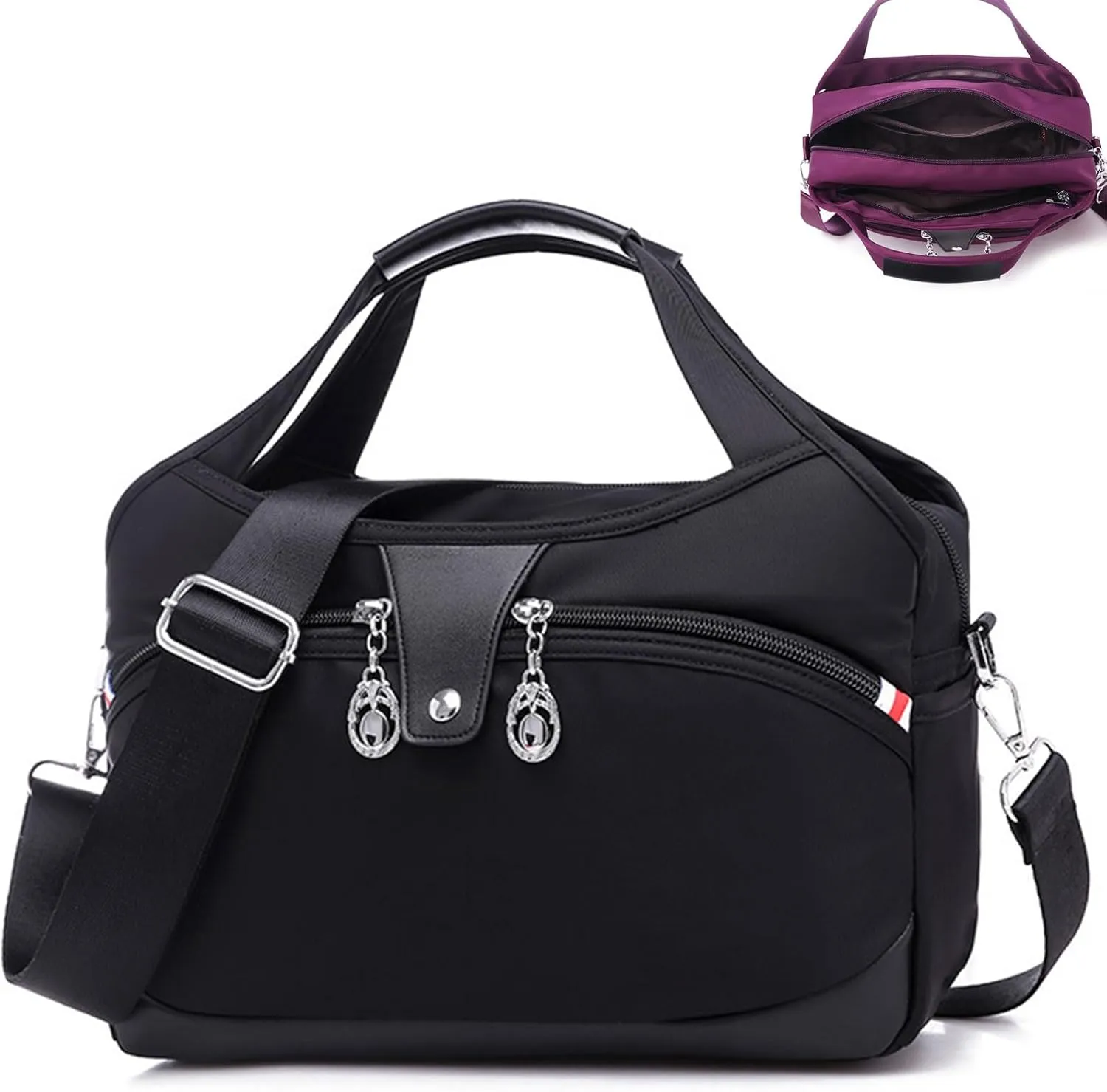 Anti Theft Handbag, Fashion Waterproof Oxford Cloth Satchel, Zipper Multi-Layer (Black), 10 Pockets, 11.4*4.7*11 inch