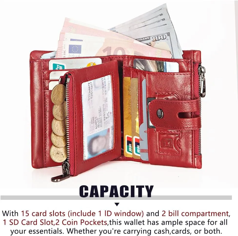 Anti-Theft Mens Wallet with Chain Genuine Leather ID Window Purse with RFID Blocking Bifold Double Zipper Coin Pocket