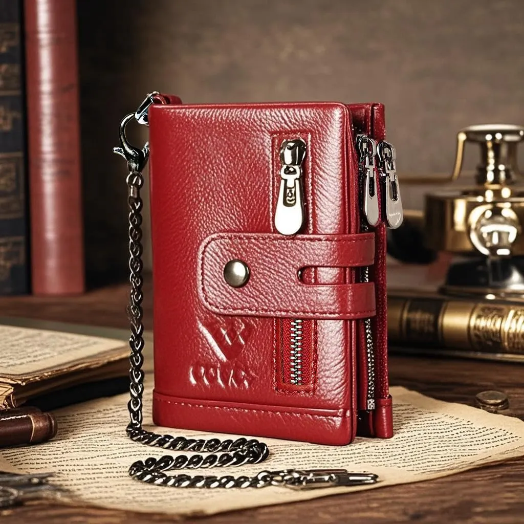 Anti-Theft Mens Wallet with Chain Genuine Leather ID Window Purse with RFID Blocking Bifold Double Zipper Coin Pocket